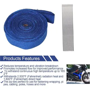2" x 50' Exhaust Heat Wrap Roll for Motorcycle Fiberglass Heat Shield Tape with Stainless Ties (Blue)