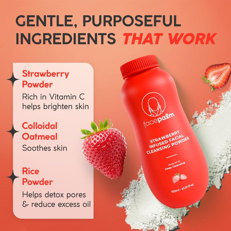 FACEPALM Strawberry Infused Facial Cleansing Powder with Oatmeal Kaolin Clay & Arrowroot for Breakout Prone Skin 100ml Gentle Cleansing & Soothing Effect