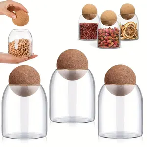 3pack Glass Jar with Wood Ball Lid 17oz Tea Coffee Sugar Cork Ball Glass Storage Jar Set 500ml Clear Glass Storage Cute Canister Holder Ball Wood Cork Top