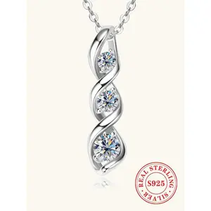 925 Sterling Silver Synthetic Moissanite Twist Design Necklace, Trendy Exquisite Fashion Jewelry for Party Daily Wear, Perfect Gift for Girls