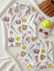 Softball Satin Pajamas Set, Women's White Satin Pajama Set – Softball Print Sleepwear, Sporty Summer Loungewear