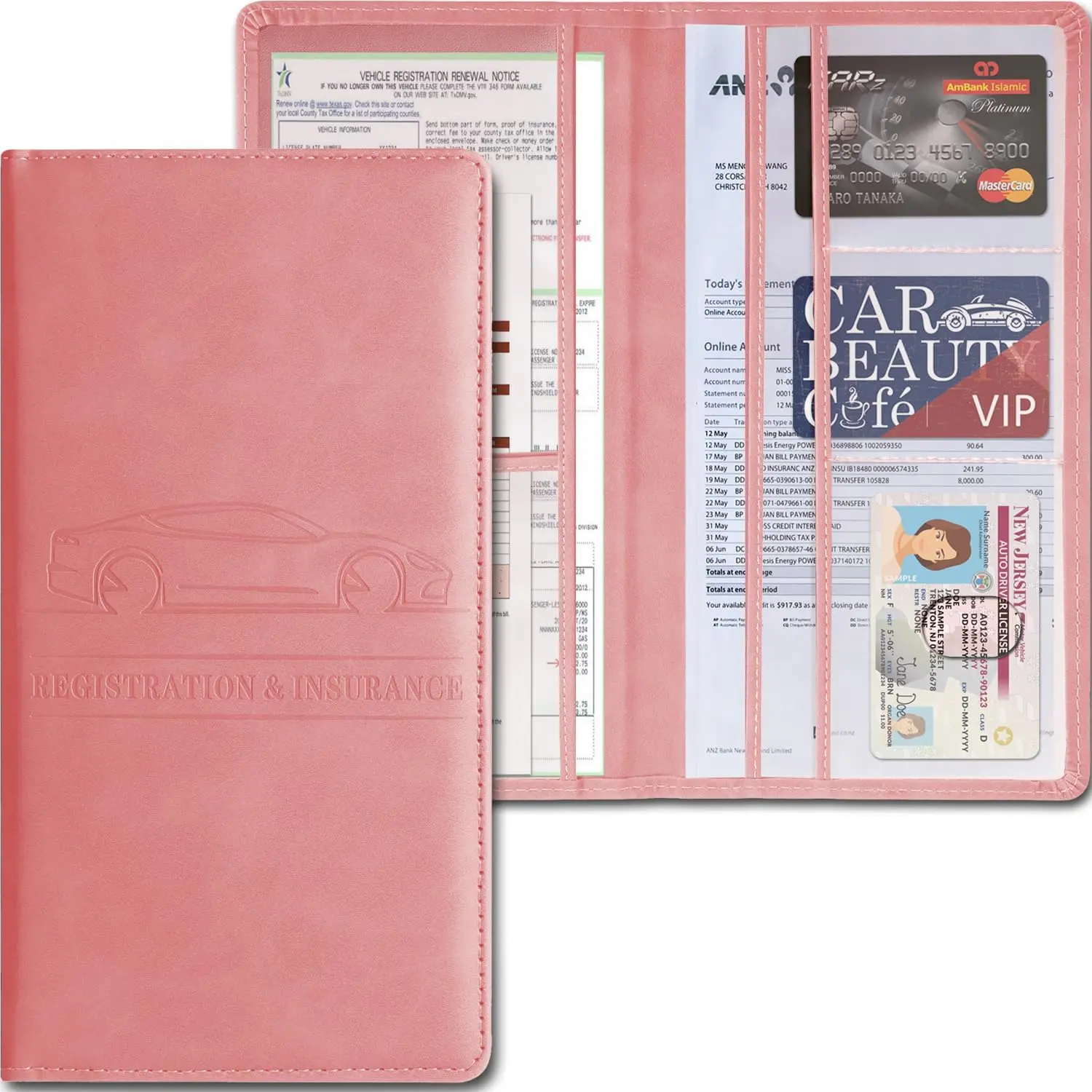 Car Registration and Insurance Holder,PU Leather Car Glove Box Organizer Car Document Holder for ID,Driver's License,Universal Car Organizer Car Accessories for Women/Men (Pink)