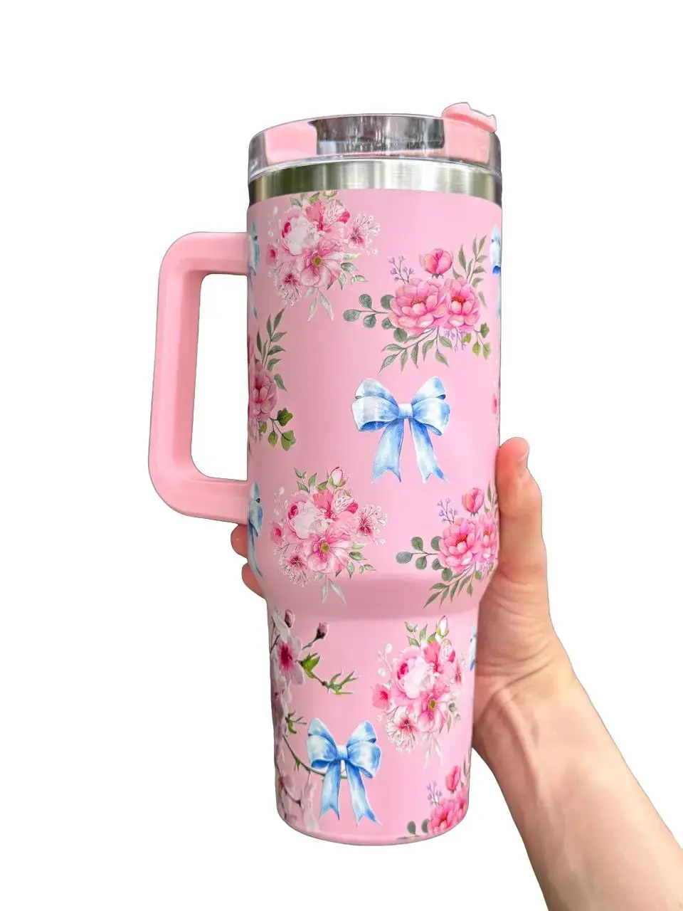 Pink Floral Bow 40oz Tumbler with Handle | Cute Coquette Travel Mug | Insulated Stainless Steel Cup