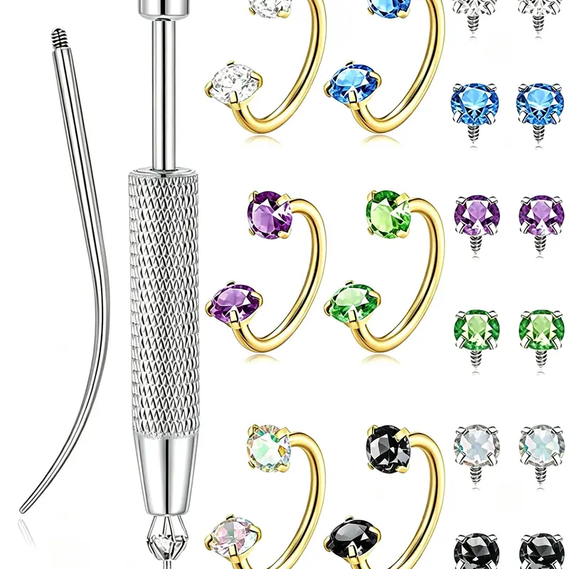 Unisex 6pcs Titanium Steel Nose Rings Hoops Piercing Kit - 18G 1.0mm 8mm, Clear+Aurora+Blue+Midnight+Green+Purple, Internally Threaded Horseshoe Hoop/Gem/Ball Holder, Surgical Grade, Insertion Tool, Everyday Wear Septum Jewelry #backtoschool familyfun