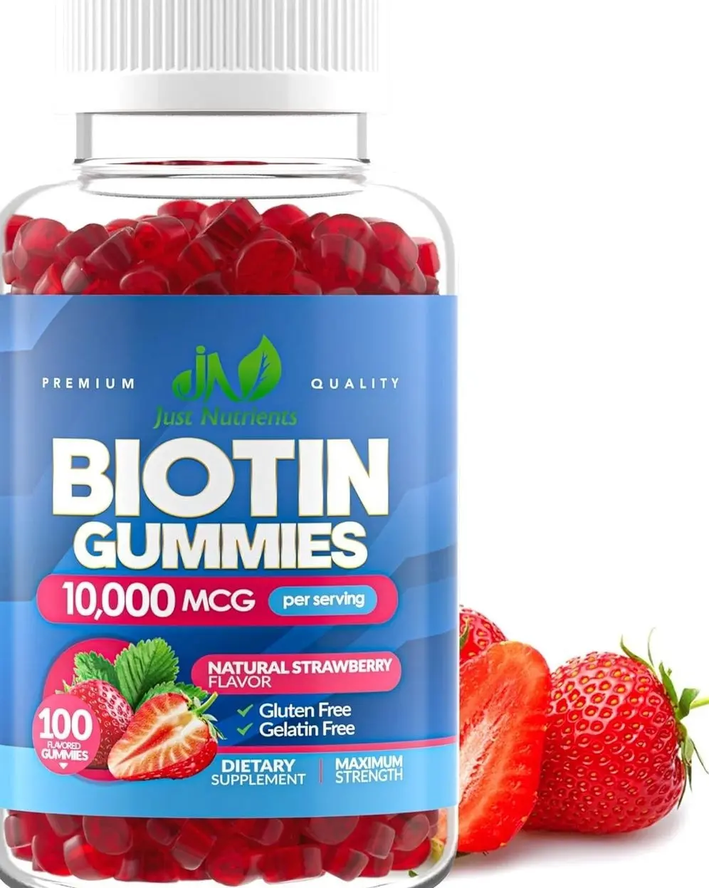 Biotin 10,000mcg Gummies for Hair Growth, Skin & Nails - 2x Maximum Strength Biotin Vitamins for Women & Men - Gluten-Free, Vegan, Non-GMO, Great Tasting Strawberry Flavor - 100 Gummies