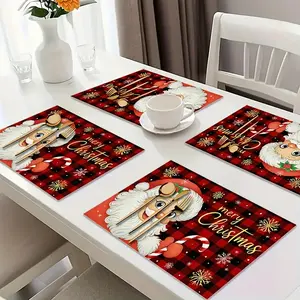 Set of 4 Santa Claus Placemats, Buffalo Check Tablecloth, Holiday Dining Decor, Perfect for Family Gatherings