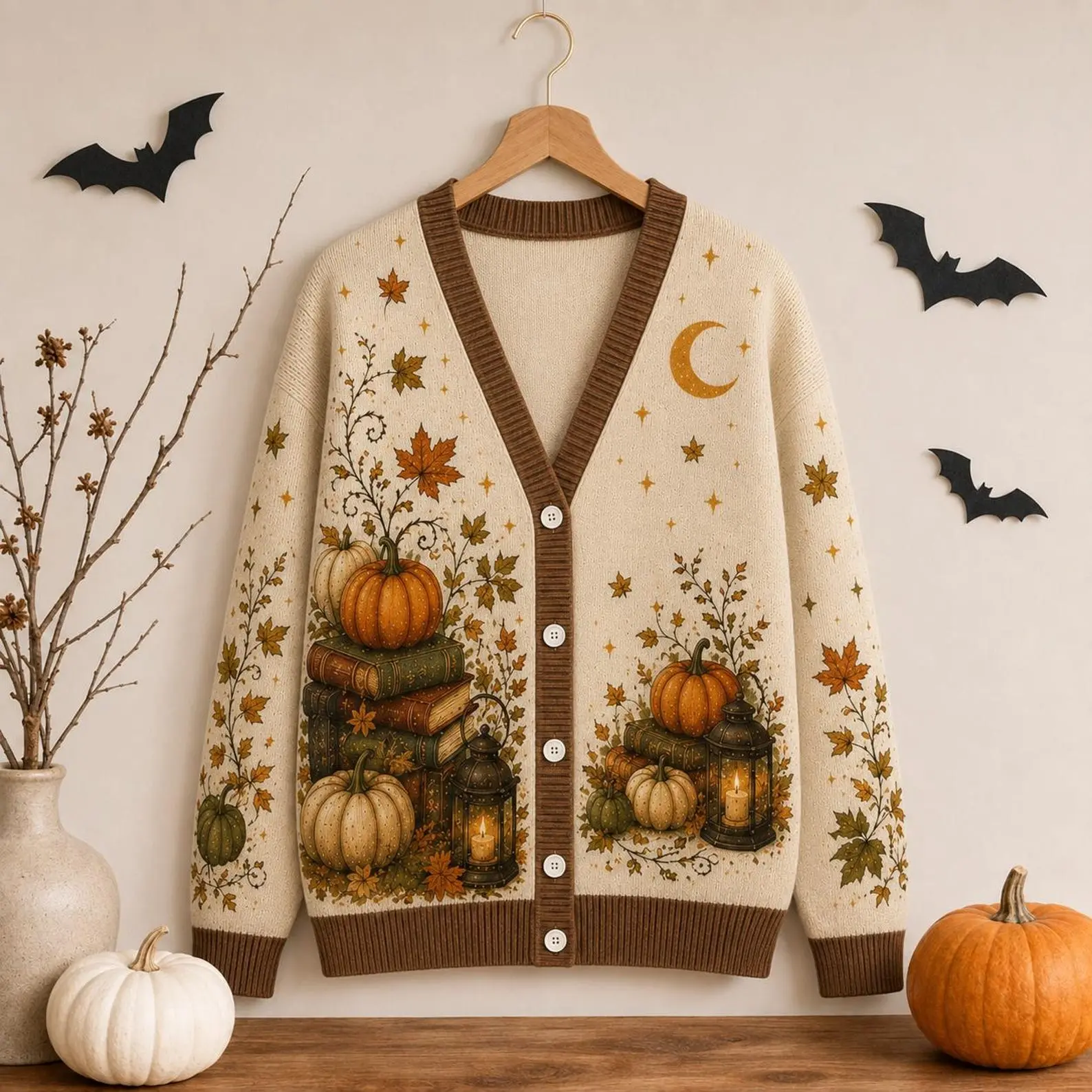 Autumn Pumpkin Book Cardigan, Vintage Lantern Moon Botanical Knit Sweater, Cottagecore Fall Jacket, Fall Cardigan Gift