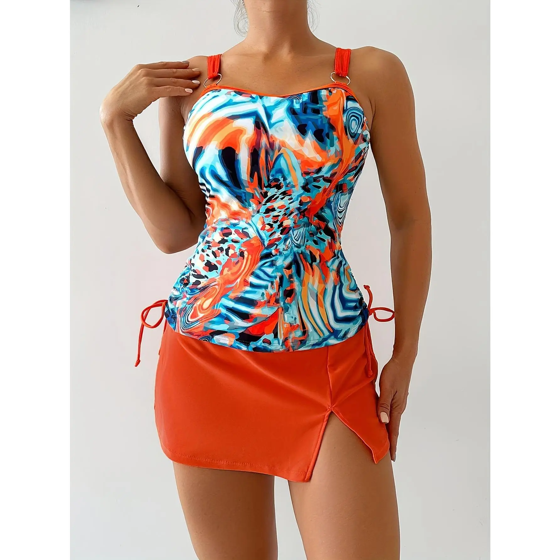 Women's Skirted Tankini Set, 2-Piece High-Waisted Swimsuit, Conservative Solid Color Beachwear with Adjustable Straps, Two Piece