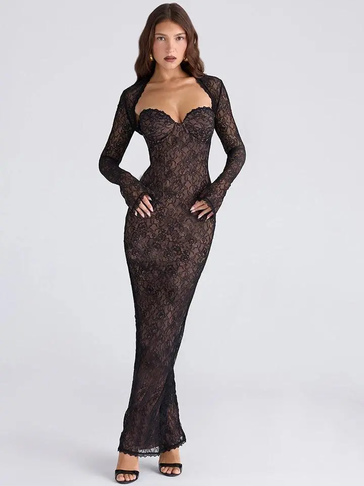 Black Lace Maxi Party Dress With Sleeves Weslyn Black Satin Lace High Slit  Dress