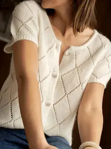 Women's Solid Color Short Sleeve Cardigan Button, Casual Fashion Diamond Pointelle Knit Top for Summer, Fashion Women's Knitwear for Daily Wear, Womenswear