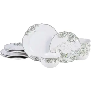 12- Porcelain Dinnerware Set for 4, Elegant Floral Plates and Bowls Sets-White/Green Ceramic Dishes, Chip Resistant Kitchen & Dining Dish Set, Microwave & Dishwasher Safe, Hudson Valley