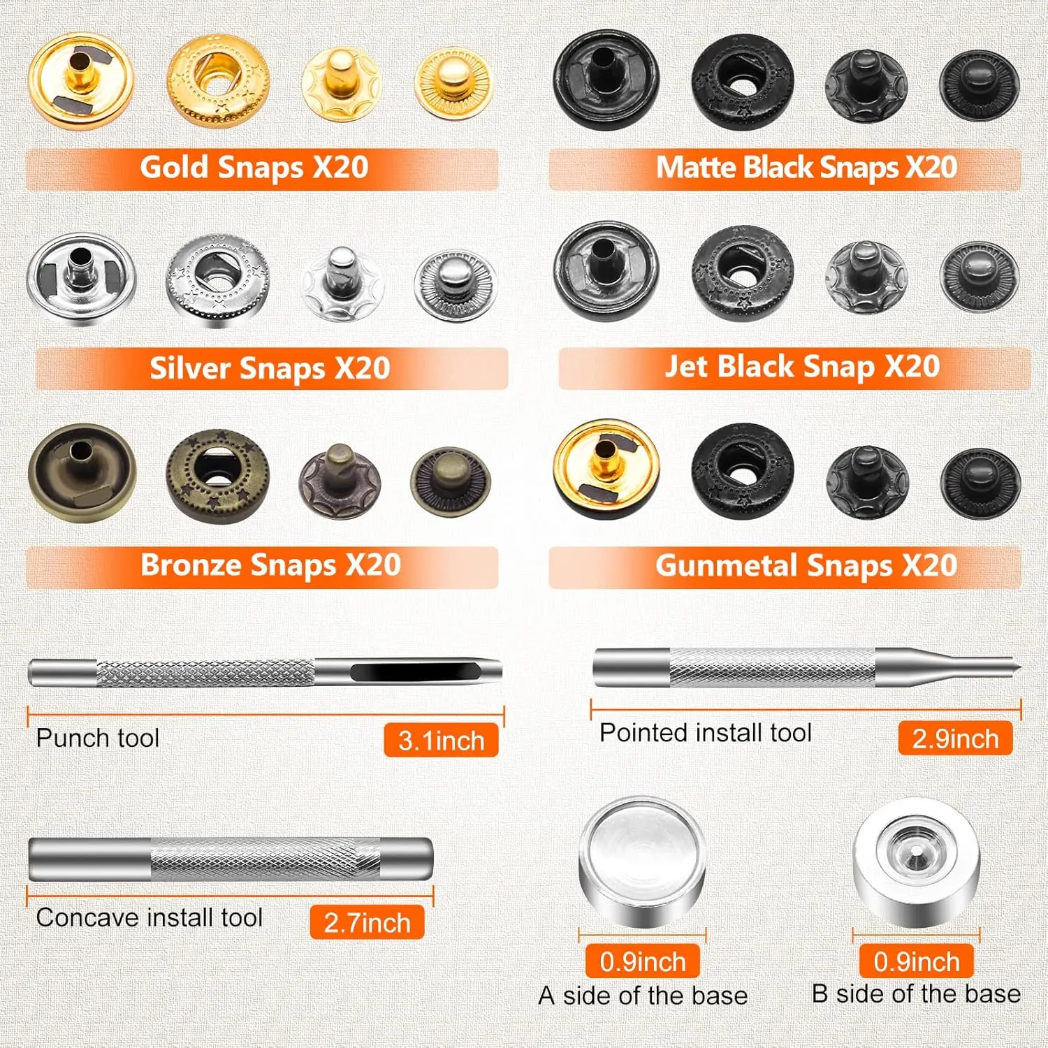 120PCS Leather Snap Fasteners Kit, 6 Colors Metal Copper Button Snaps Press Studs with 4 Setter Tools,Leather Snaps for Clothes, Jackets, Jeans Wears, Bracelets, Bags