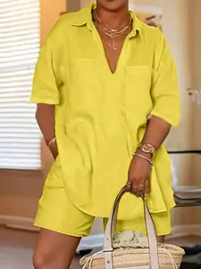 Plus Size Yellow Button-Down Shirt & Elastic Waist Shorts Set - Casual Two-Piece for Summer Activities - 95% Polyester 5% Spandex Breathable Womenswear Style