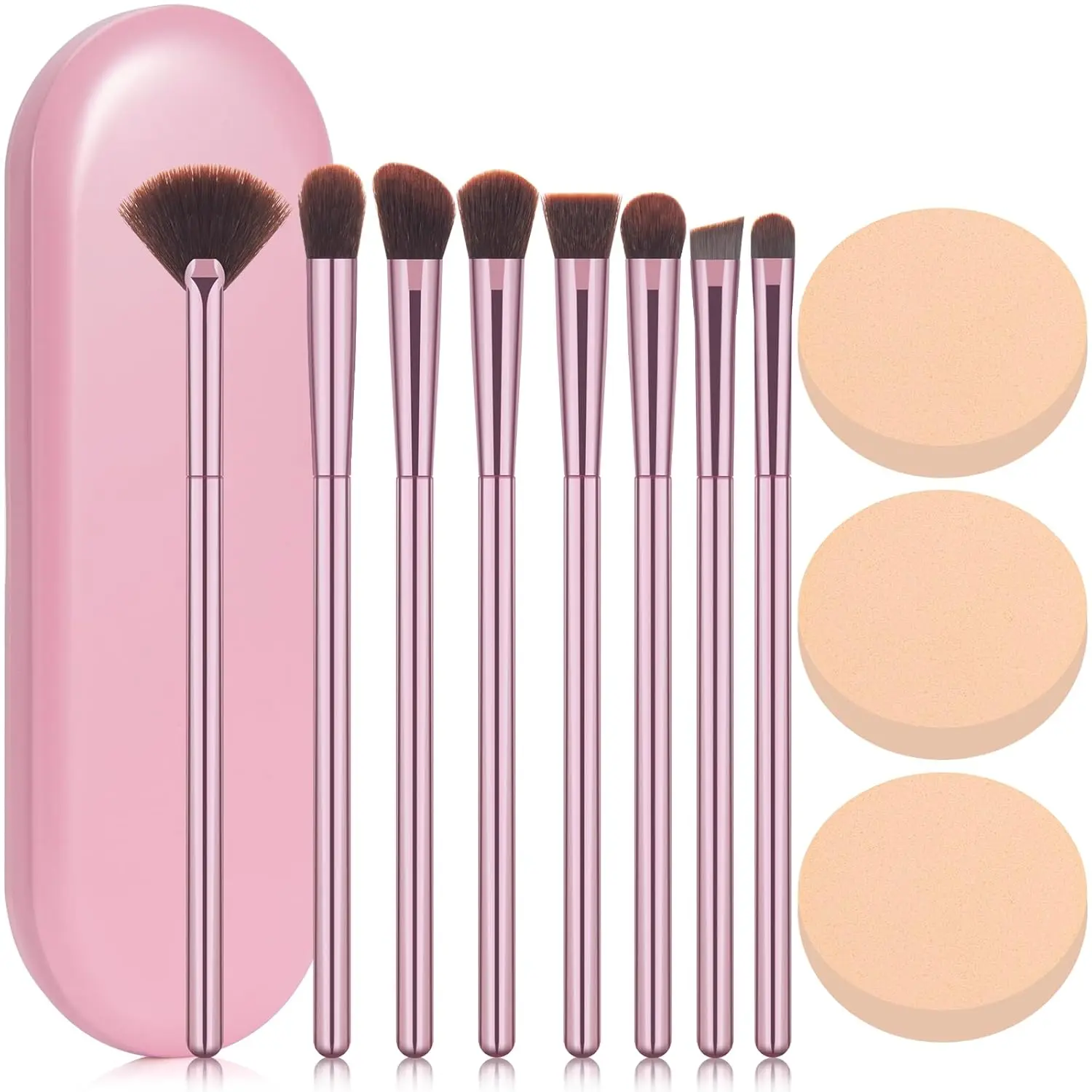 Makeup Brushes Set (8Pcs) Premium Eyeshadow Brush Professional Angled Eyebrow Brush Lip Brush Eyeshadow Brush Set With 3Pcs Powder Puffs and Pink Case 12 in 1