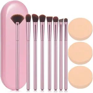 Makeup Brushes Set (8Pcs) Premium Eyeshadow Brush Professional Angled Eyebrow Brush Lip Brush Eyeshadow Brush Set With 3Pcs Powder Puffs and Pink Case 12 in 1