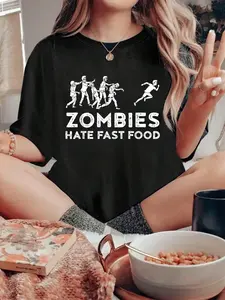 100% pure cotton Zombies Hate Fast Food Funny Zombie T-Shirt printed t-shirts for women