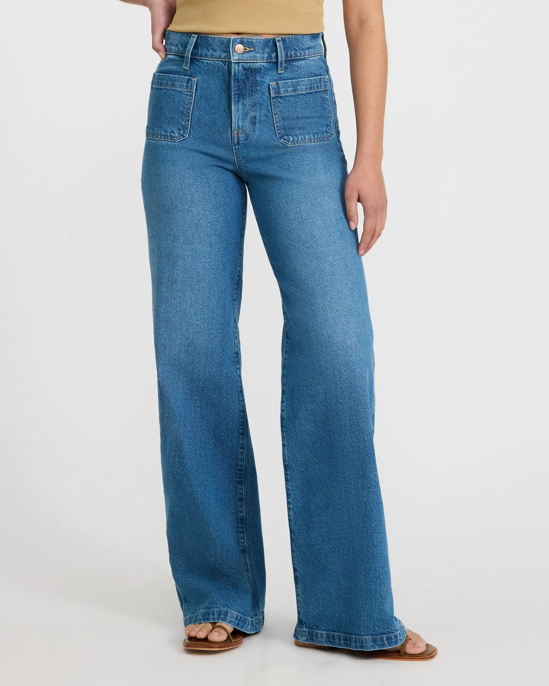 Express High Waisted Patch Pocket Wide Leg Medium Wash Jeans, Hip, Straight, Machine Wash, High Waisted Jeans