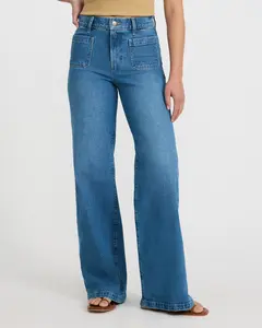 Express High Waisted Medium Wash Patch Pocket Wide Leg Jeans