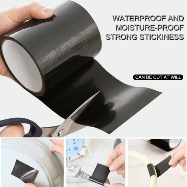 Black waterproof repair tape being cut to size with scissors