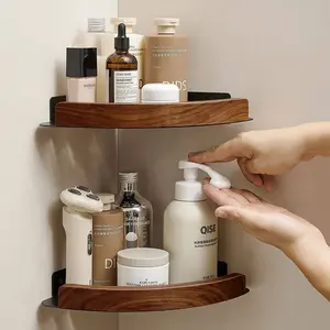 Walnut Wood Triangle Basket Storage Rack, Bathroom Skincare Organizer, Corner Shelf for Toilet Wall Mount, Space-Saving Design, Bathroom Organizing Accessories