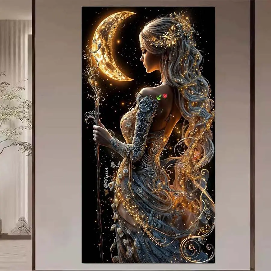 1 pcs 5D DIY diamond painting kit, 5D diamond art set, DIY decoration, Moon Fairy, Starlight Robe. Full round diamond DIY diamond painting kit, mosaic, diamond art, DIY art home decor, Craft, suitable for Halloween and Christmas.