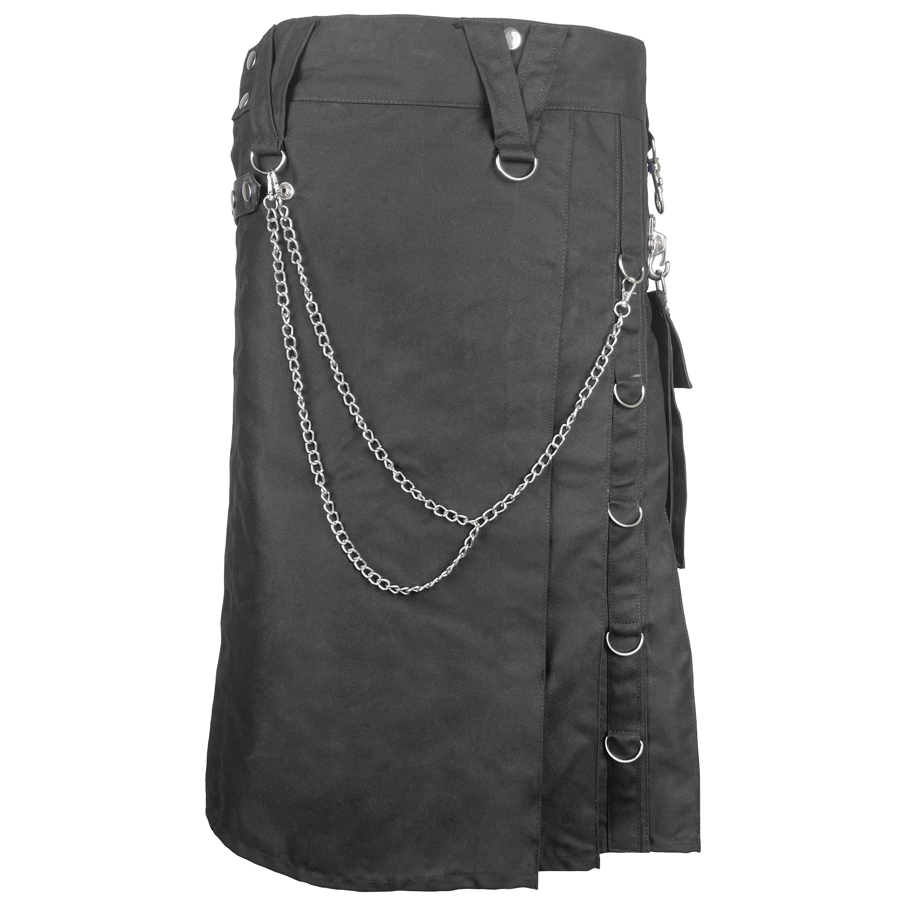 Black Utility Kilt for Men Gothic Punk Style with Chains Cargo Pockets Tactical Streetwear Kilt