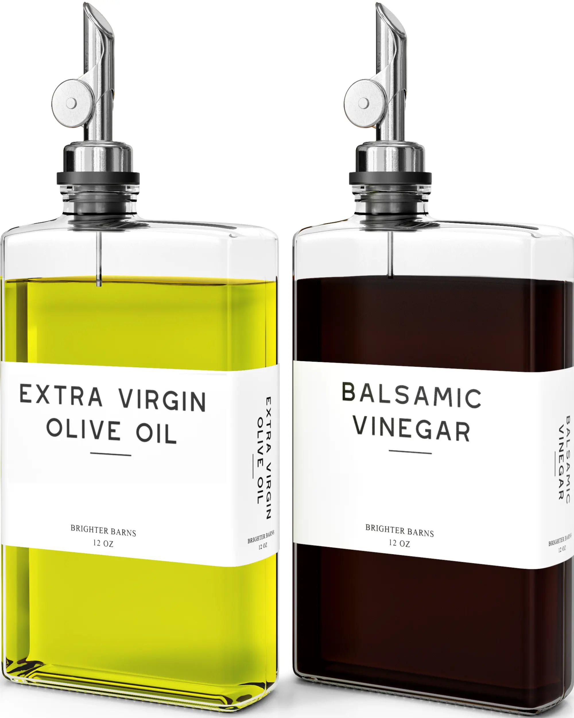 Brighter Barns Glass Olive Oil Dispenser Bottle Set for Kitchen - Stainless Steel Coffee Syrup Dispenser - Modern Decor for Restaurants & Coffee Stations - Refillable & Leak-Proof - Clear/Silver, Set of 2