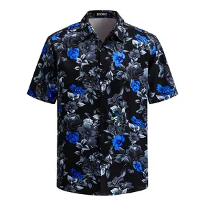 TIXMIE Menswear Short-Sleeve Button-Down Hawaiian Shirt - Men's Black Base with Blue Rose Floral Print, Vintage Dark Floral Casual Tropical Top for Summer Beach Vacation, The Perfect Father's Day Gift，good graphic tees，cotton graphic tees，shirt，camo