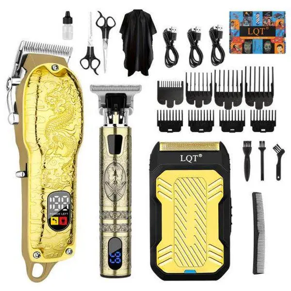 Men's 3-Piece Professional Gold Hair Clipper & Trimmer Set, USB Rechargeable LCD Digital Hair Cutting Kit, Adjustable Blade Barber Clipper, Cordless Edge Beard Trimmer Complete Home Grooming Kit