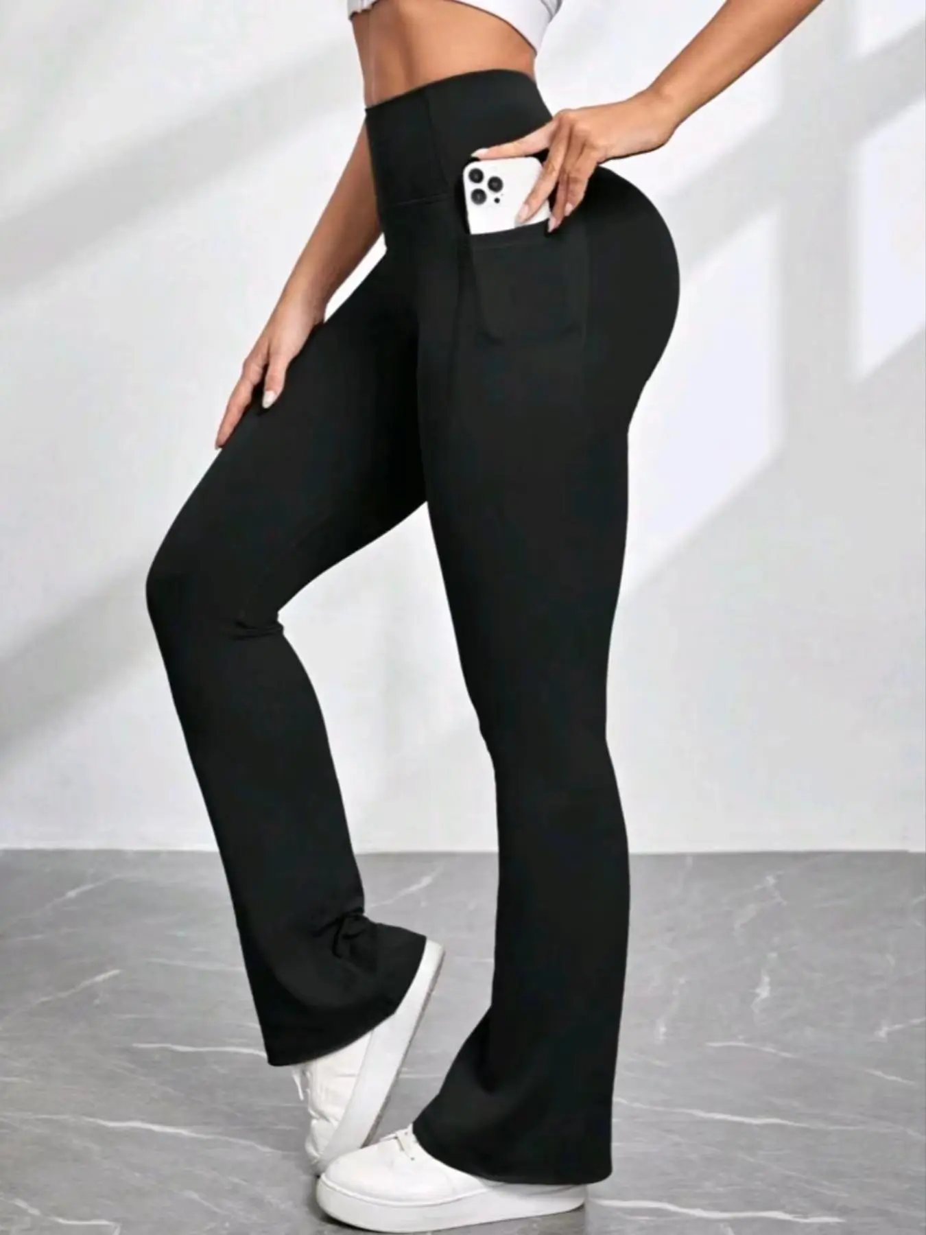Women's Plain High Waist Flare Leg Pants, Casual Pocket Design Sports Tummy Control High Waisted Leggings for Yoga Gym Workout, Ladies Sportswear for Summer, Activewear for Fitness