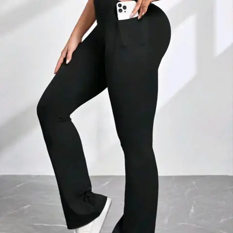 Women's Plain High Waist Flare Leg Pants, Casual Pocket Design Sports Tummy Control High Waisted Leggings for Yoga Gym Workout, Ladies Sportswear for Summer, Activewear for Fitness, High Waists Leggings, Activewear Bottoms