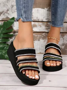 Shimmering Colorful Rhinestone Wedge Sandals, Soft Sole Anti-Slip Height-Boosting Slide-On Shoes, Perfect for Vacation Photoshoots