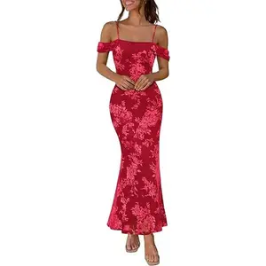 MEROKEETY Women's Formal Wedding Guest Dress Summer Floral Off The Shoulder Spaghetti Strap Mesh Cocktail Party Maxi Dresses