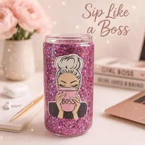 Sip Like a Boss 16 oz Glass Snow Globe Tumbler with Bamboo Lid & Straw Glitter Design Featuring BOSS Text and Sparkling Pink Accents Portable Reusable Washable Drinkware