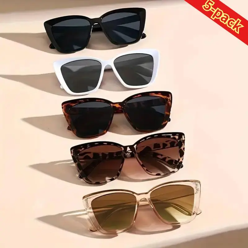 Unisex 5-Pack Retro Sunglasses 2026 Trending Eyewear Set Oversized Cat-eye/Square Sports Wrap UV375 Polarized Lightweight PC Frame Multi-style Shades Ideal for Beach Days Driving Summer Travel Daily Stylish Looks
