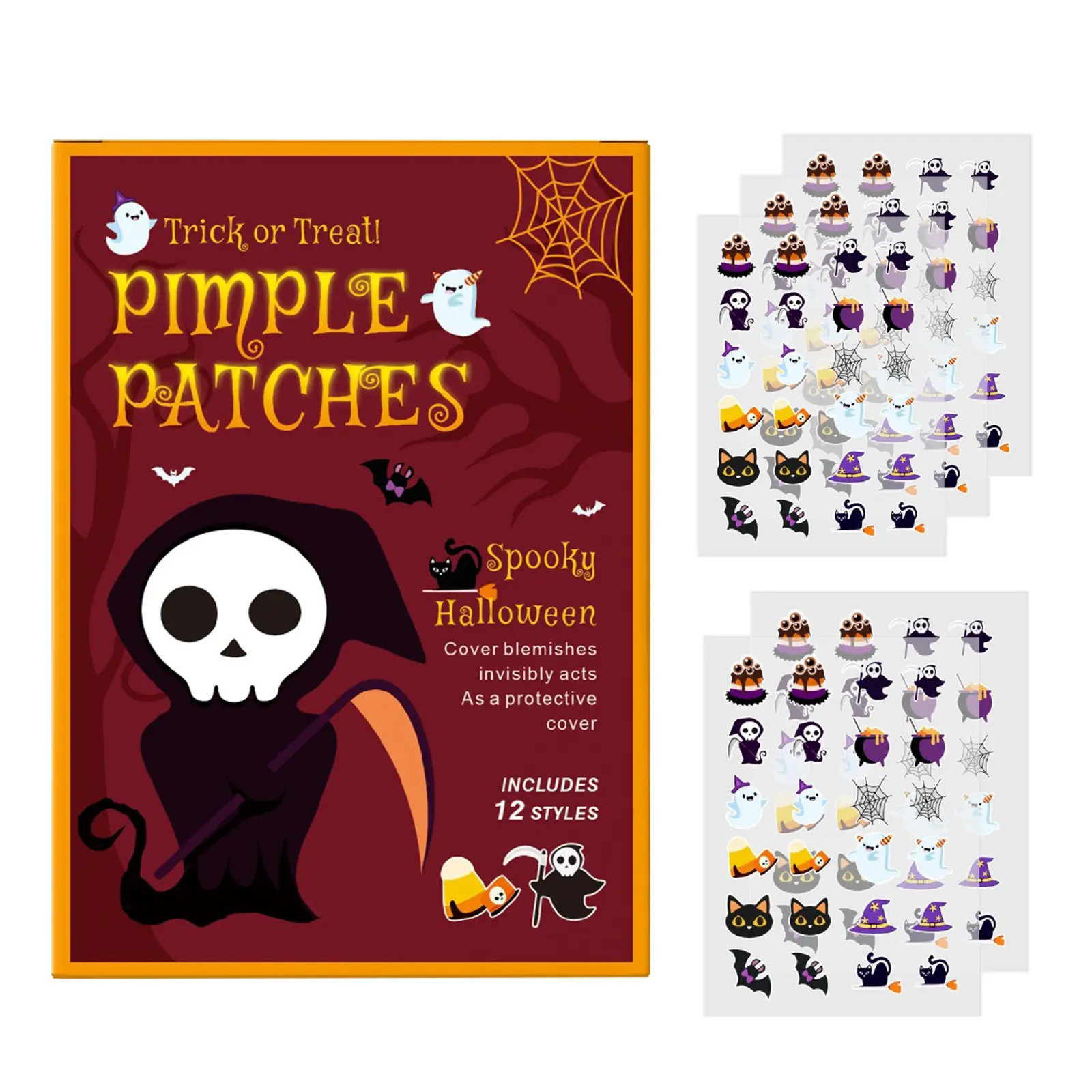 120pcs Halloween Witch Box Cartoon Gentle Acne Cover Patches, Pimple Patches, Acne Patches For Face, Cosmetic Patch, Gold Thread Ingredient, Halloween Style, Clean Skin Blemish Stickers, Acne Clearing Products, Blemish Relief Care