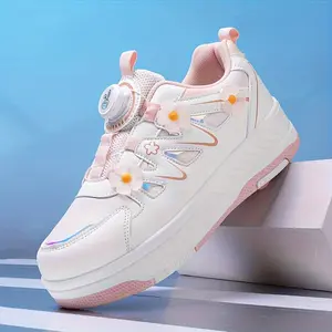 New children's roller skates, children's pink and white floral roller skates, with rotating buckle easy and comfortable wear, breathable mesh outdoor fashion sneakers
