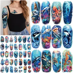 77 Sheets Temporary Tattoo for Women and Men, 17 Sheets Half Arm Shark Dolphin Jellyfish Turtle Fish Fake Tattoos, 60 Sheets Beach Ocean Tiny for Adults Kids Body Tattoos Stickers Waterproof Realistic cohesive tattoos