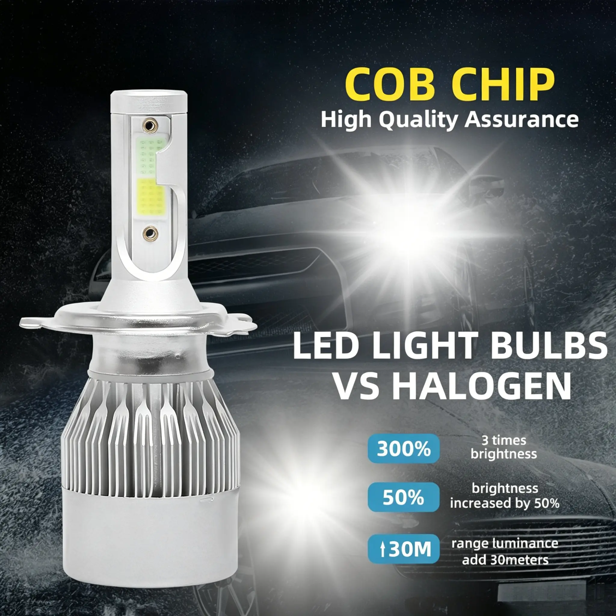 2-Pack H4 LED Car Lights, Automotive Headlight Bulbs, 40w 4000 Lumens, COB Chip, 6000k Cool, Ip67 Waterproof, 160m Range, 12V Universal Fit