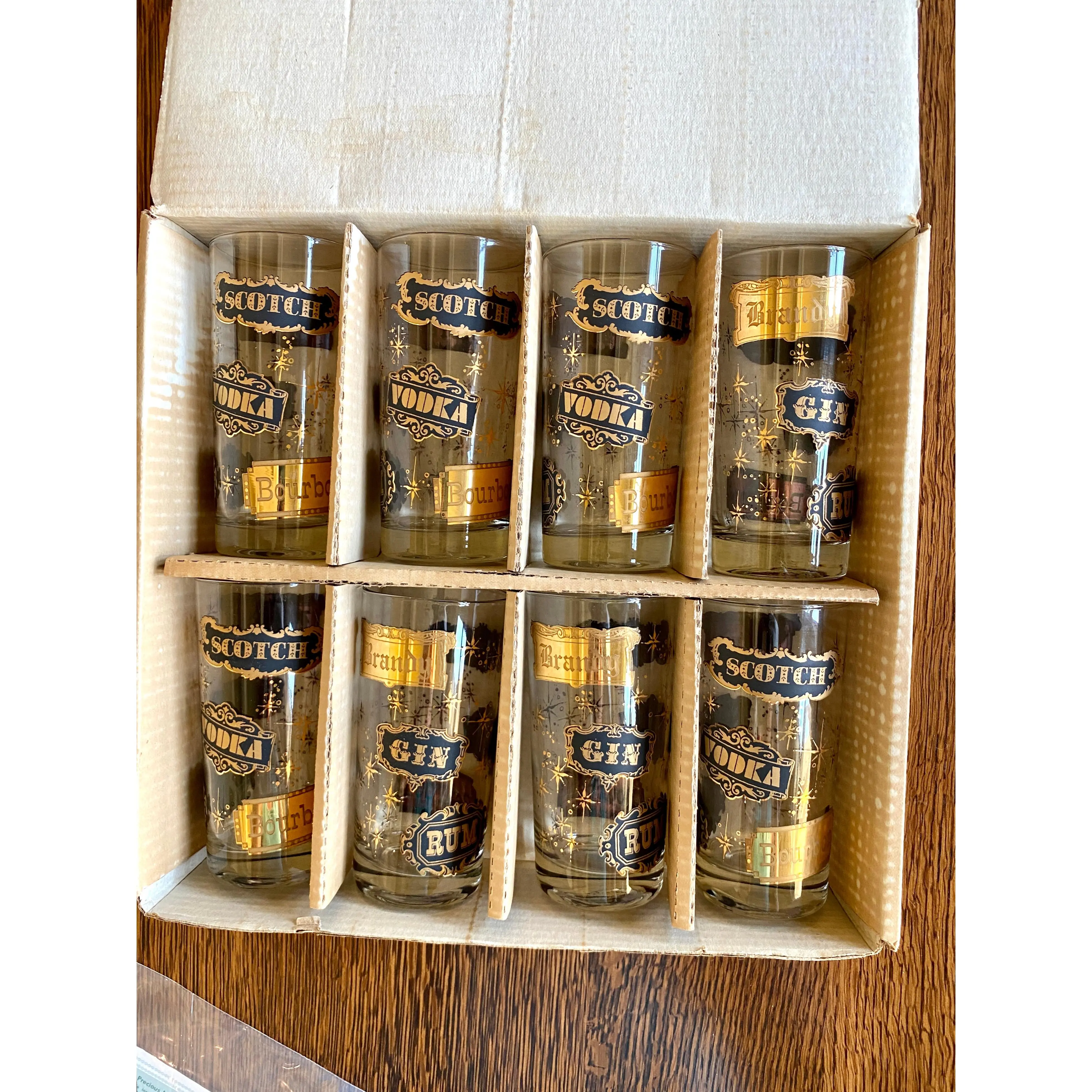 Mid Century Scotch Gin Vodka Glasses West Virginia Co., New Old Stock