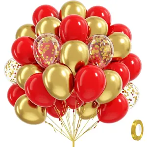 60pcs Red and Gold Balloons 12inch, Red and Gold Party Decorations with Confetti Balloons for Valentine's Day Wedding Engagements Graduation Anniversary Birthday Party Decoration