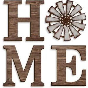 Home Wall, Rustic with Wooden Windmill for Living Room, Set of 4 Decorative Wooden Letters Art for Entryway Bedroom, Housewarming Gift, 12x12 Inches