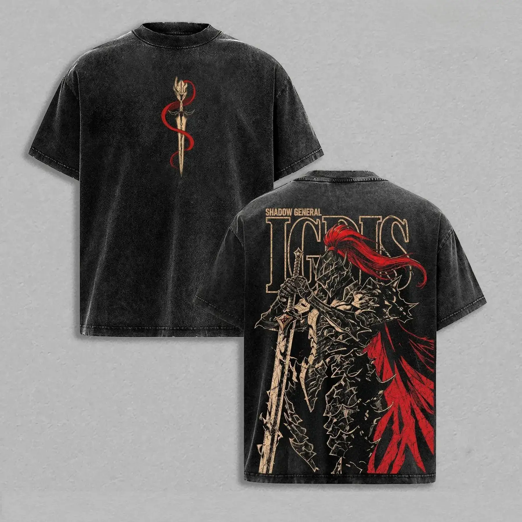 Igris T-Shirt Washed – Solo Leveling Anime Manga Graphic Double Printed Tee, Shadow Army Commander Heavy Washed Unisex Oversize Streetwear Vintage Edition Fan Gift Apparel,clothes for back to school,first day of school outfits