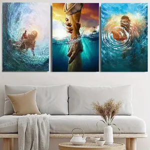 Framed Jesus Wall Art Poster The Hand of God Jesus Reaching Into Water Christ Religion Canvas Wall Decor Blue Ocean Bible Pictures for Living Room Bedroom Church Decorations