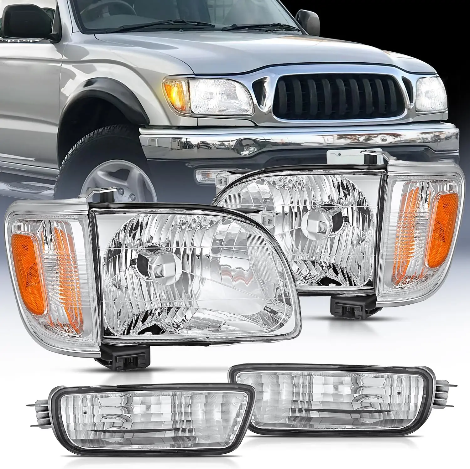Nilight Adjustable Reflective Secure Car Lighting Headlight Assembly, Chrome Housing with Amber Reflector, H4 Bulb Type, Waterproof, Dustproof, Easy-Install, 2001-2004 Toyota Tacoma Driver & Passenger Side Replacement Headlamp, Upgraded, Brightening