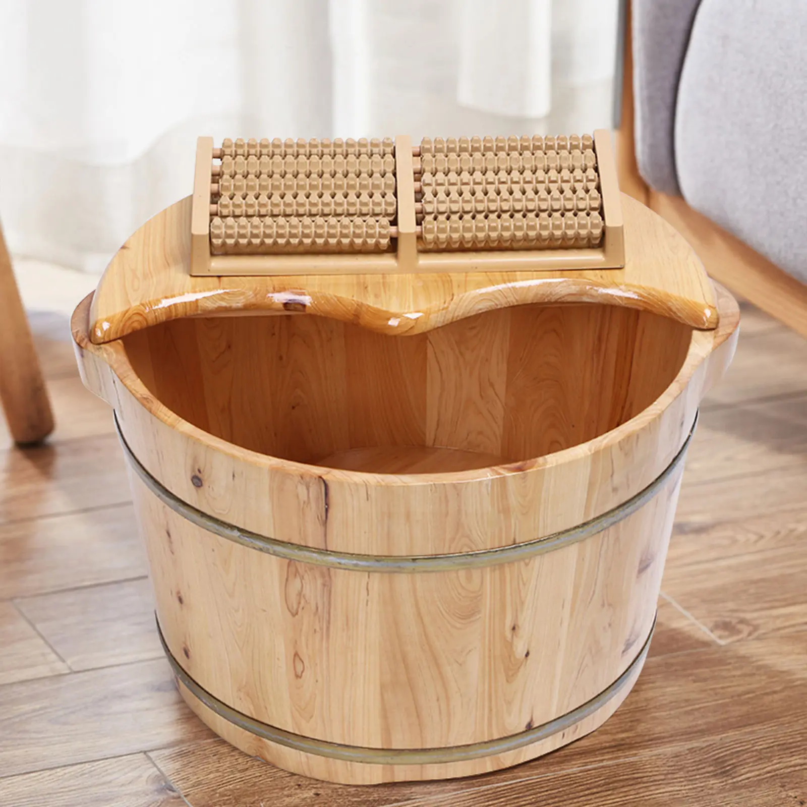 CNCEST Foot Basin Wooden Bucket Foot Bath Massage Plus Cover Plate and Massage Winter Supplies Foot Care Winter Warmth, Bathroom Accessory, Basin Container