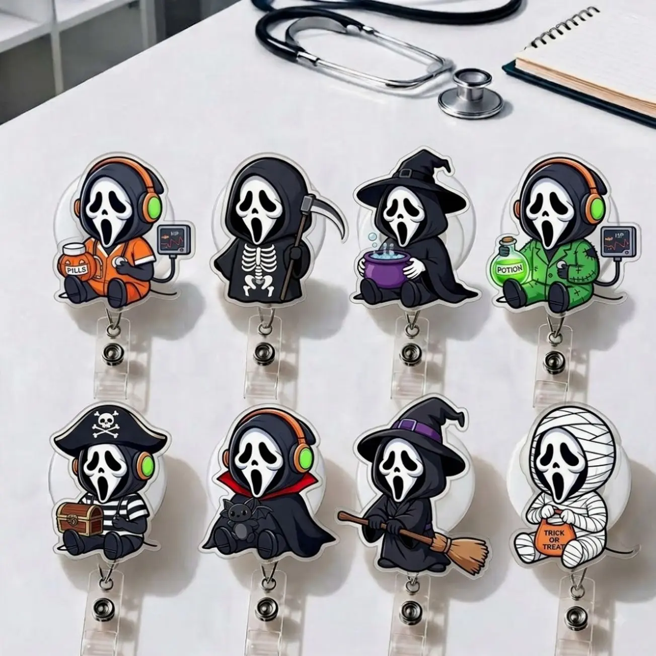 Halloween Badge Reel Ghostface Scream Horror Movie Character Retractable ID Holder For Nurse