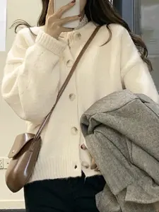 Spring Autumn Cream Color Knitted Cardigan for Women, Casual Knitwear Sweater Jacket, Stylish Layering Piece for Your Wardrobe