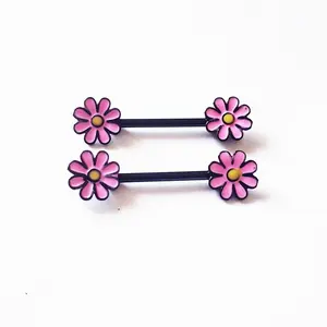 Pink daisy nipple rings, 14g flower nipple shield, nipple jewelry barbell