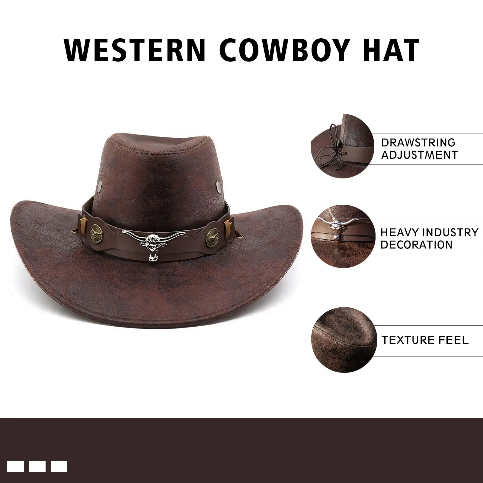 Unisex Vintage Wide-Brim PU Faux Leather Cowboy Hat with Metal Bull Head Ornament, Adjustable Wind Rope, Casual Wear Outdoor Sunhat for Travel & Costume Use